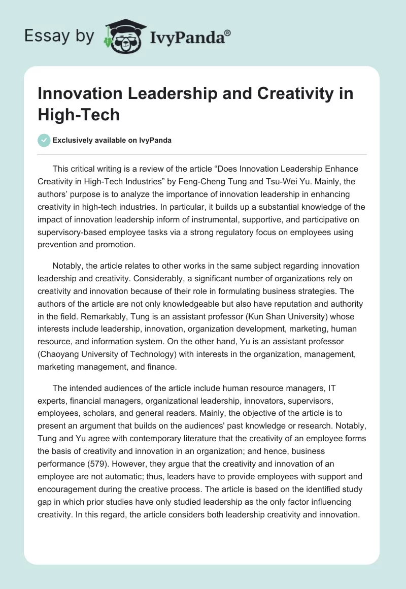 Innovation Leadership and Creativity in High-Tech. Page 1