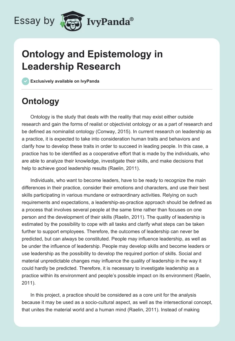 Ontology and Epistemology in Leadership Research. Page 1
