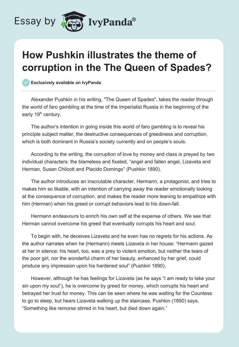 How Pushkin Illustrates the Theme of Corruption in the "The Queen of Spades?". Page 1