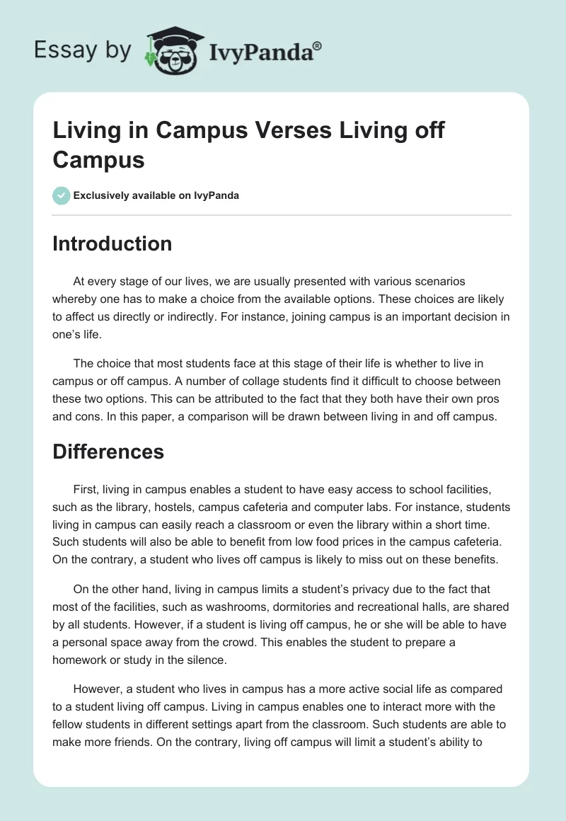 Living in Campus Verses Living off Campus. Page 1
