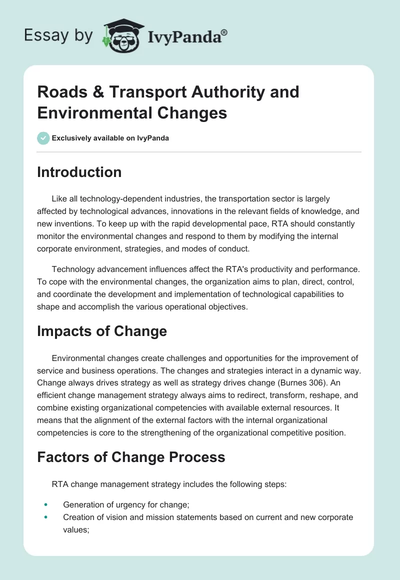 Roads & Transport Authority and Environmental Changes. Page 1