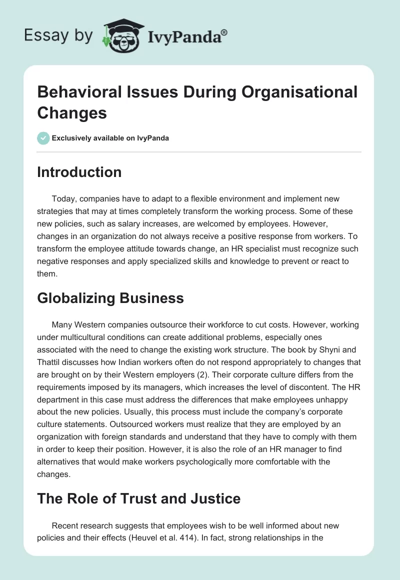 Behavioral Issues During Organisational Changes. Page 1