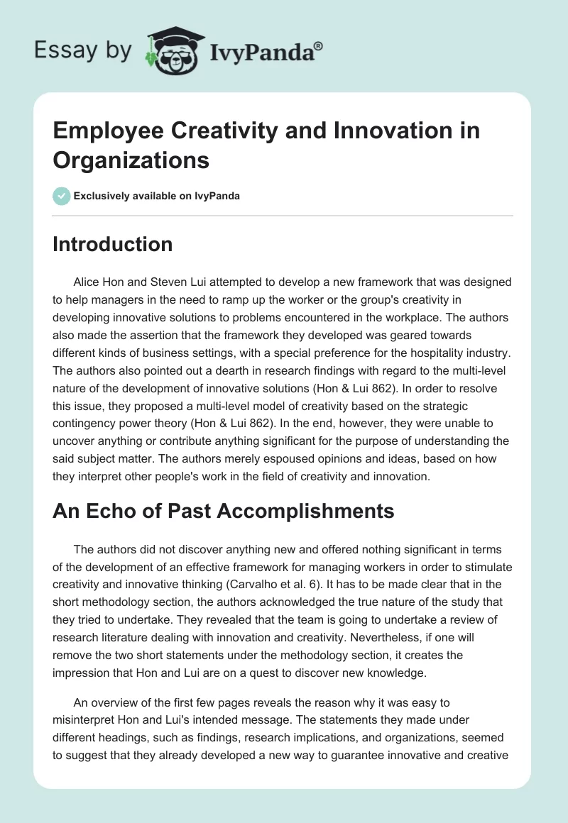 Employee Creativity and Innovation in Organizations. Page 1