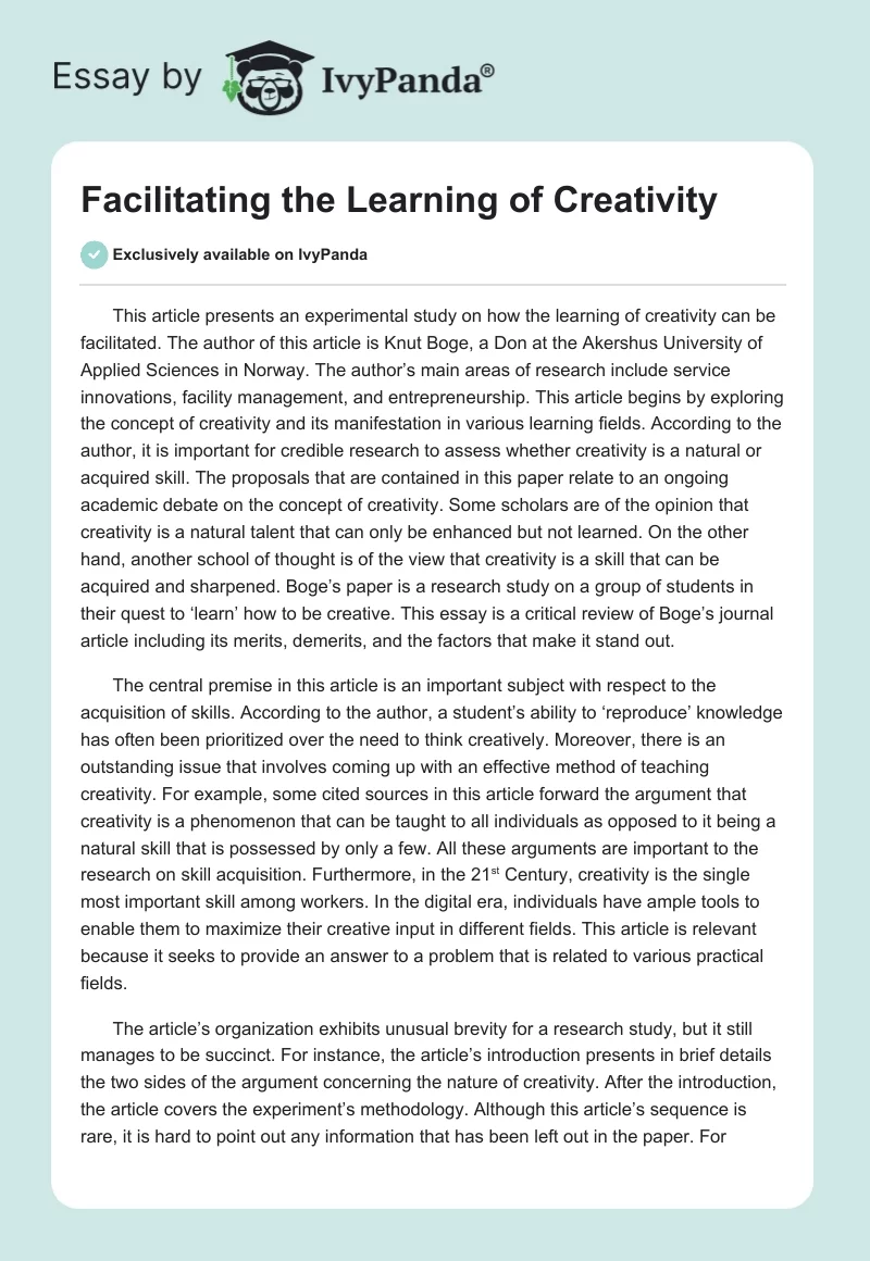 Facilitating the Learning of Creativity. Page 1