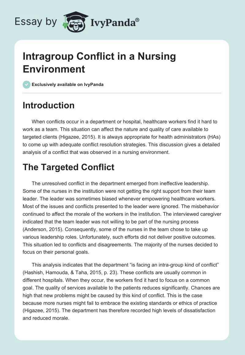 Intragroup Conflict in a Nursing Environment. Page 1