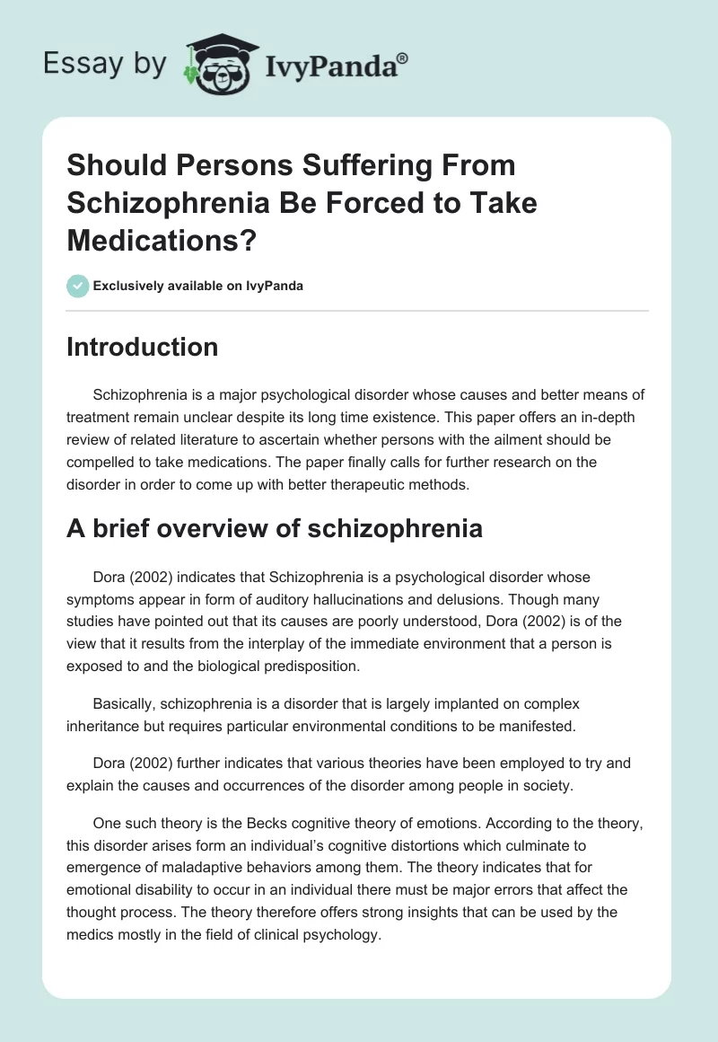 Should Persons Suffering From Schizophrenia Be Forced to Take Medications?. Page 1