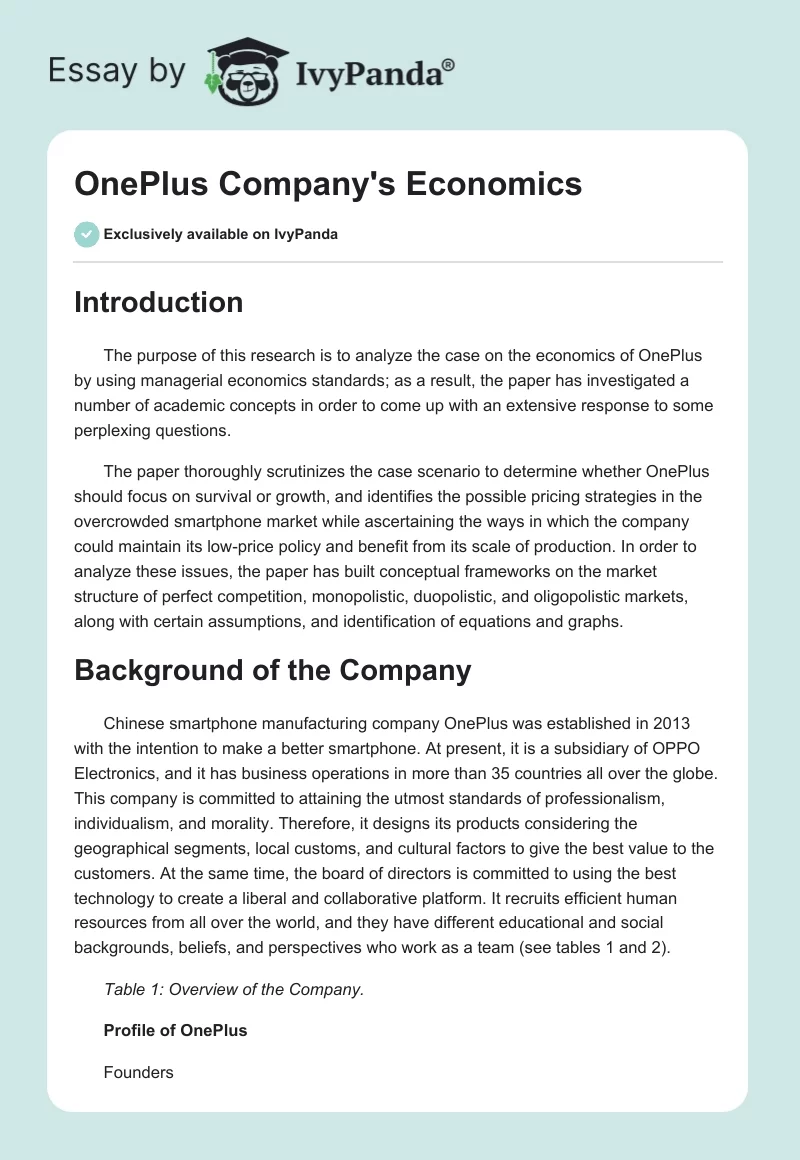 OnePlus Company's Economics. Page 1