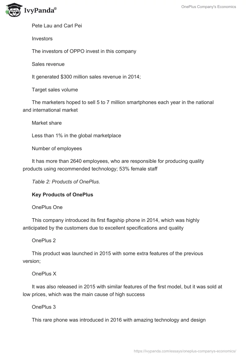 OnePlus Company's Economics. Page 2