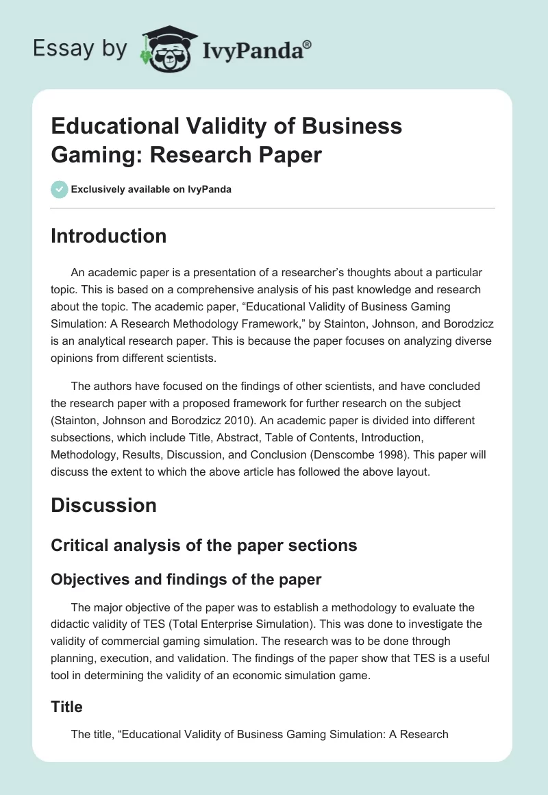 Educational Validity of Business Gaming. Page 1