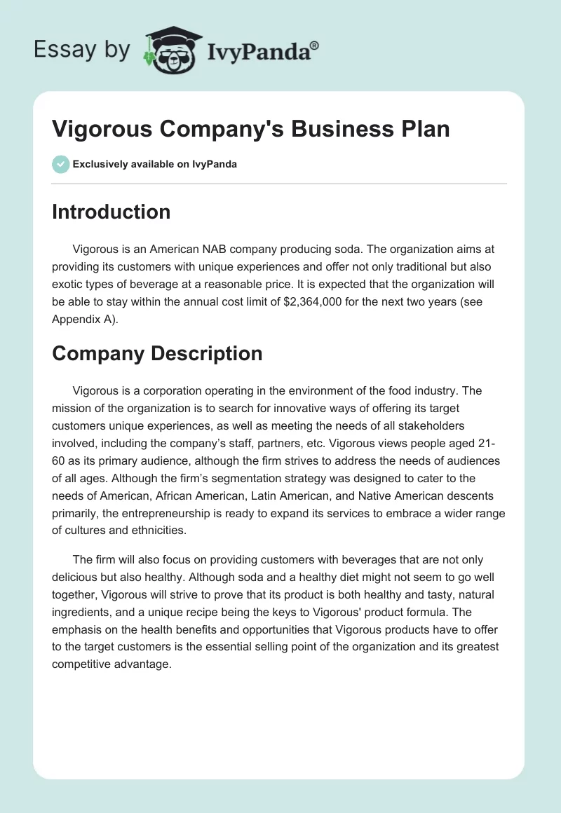 Vigorous Company's Business Plan. Page 1