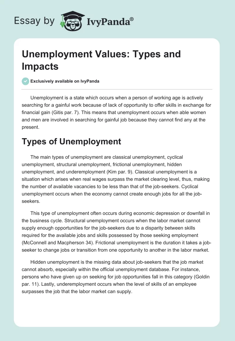 Unemployment Values: Types and Impacts. Page 1