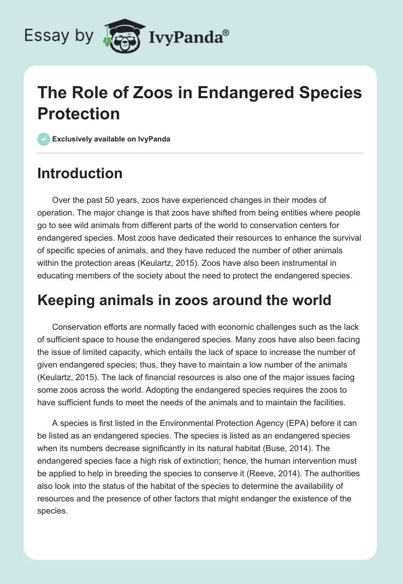 The Role of Zoos in Endangered Species Protection. Page 1