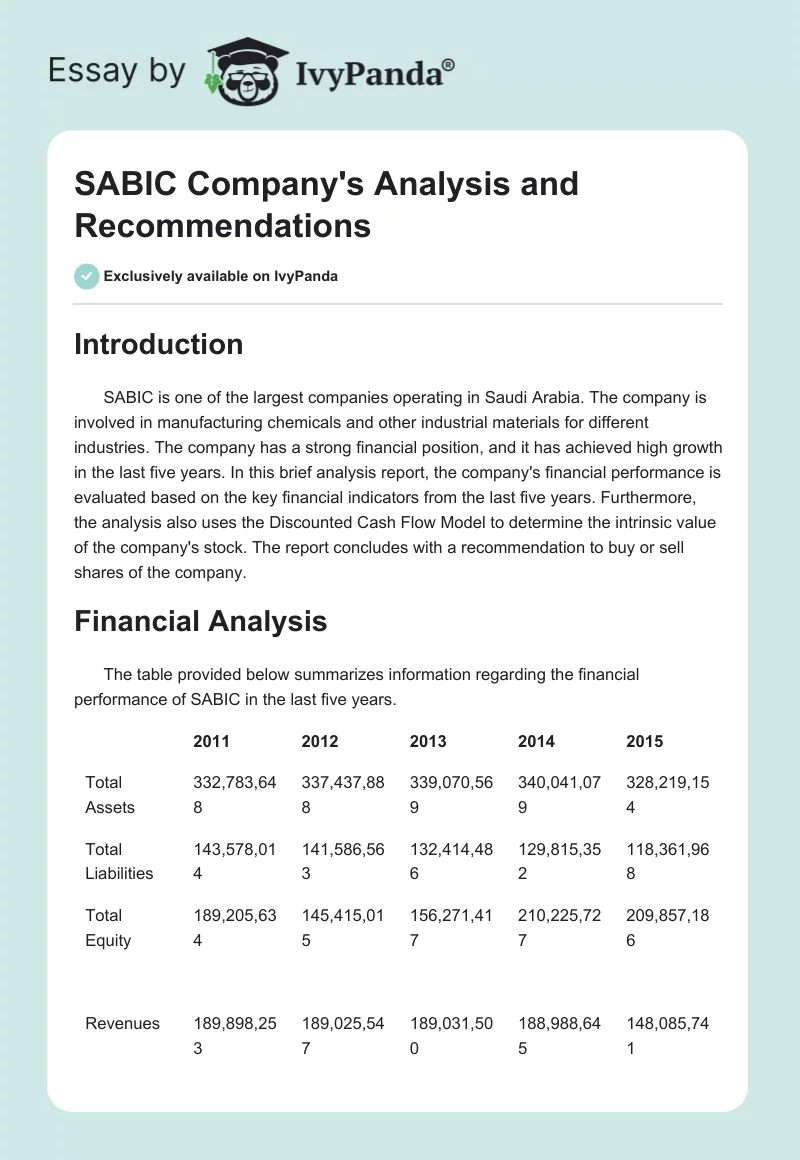 SABIC Company's Analysis and Recommendations. Page 1