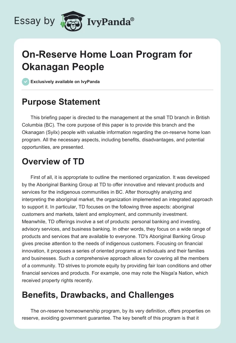On-Reserve Home Loan Program for Okanagan People. Page 1