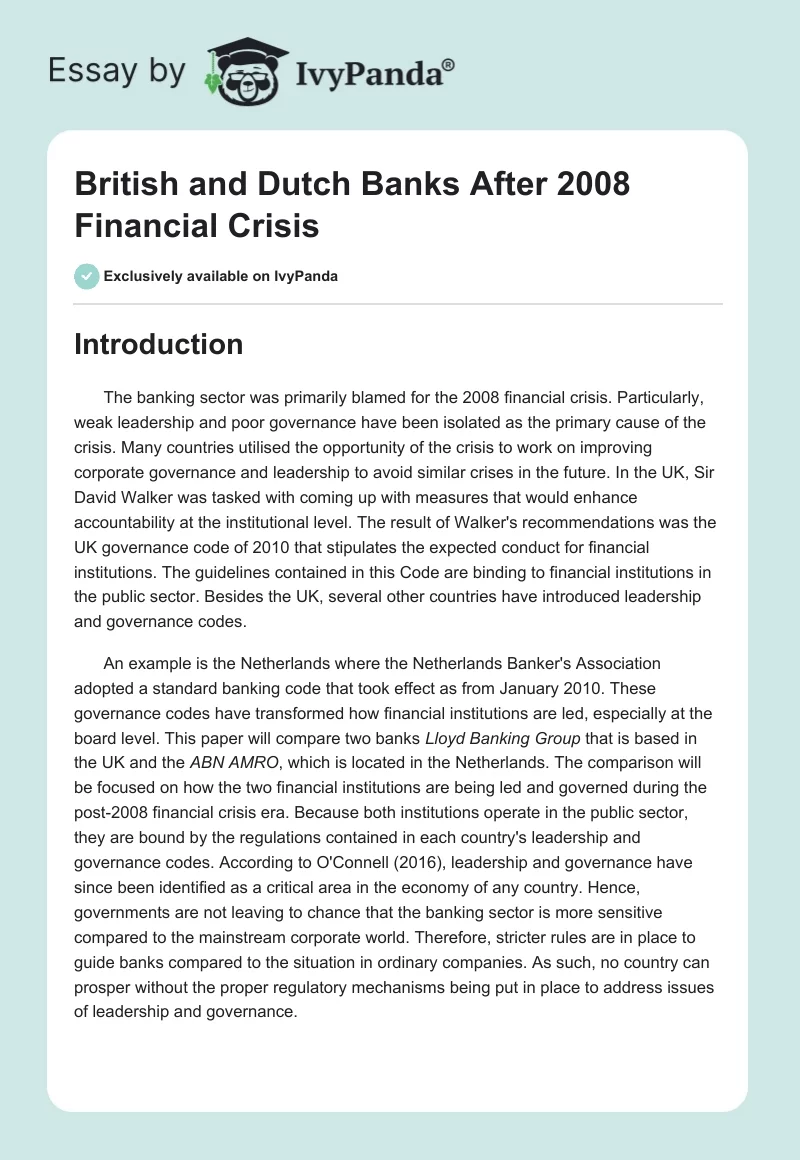 British and Dutch Banks After 2008 Financial Crisis. Page 1