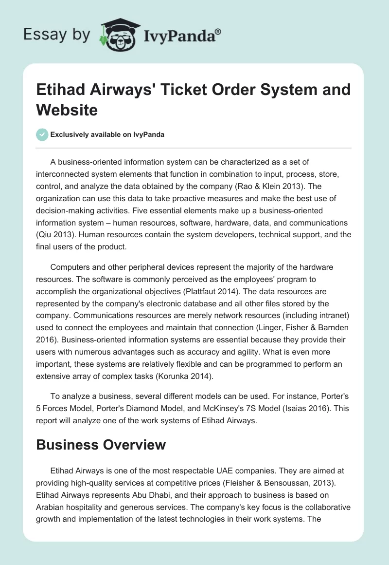Etihad Airways' Ticket Order System and Website. Page 1