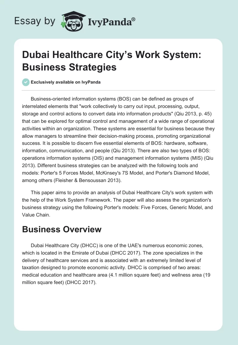 Dubai Healthcare City’s Work System: Business Strategies. Page 1