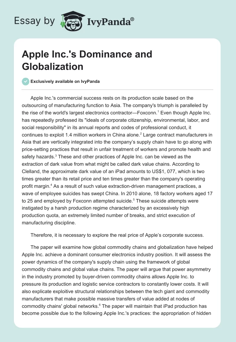 Apple Inc.'s Dominance and Globalization. Page 1