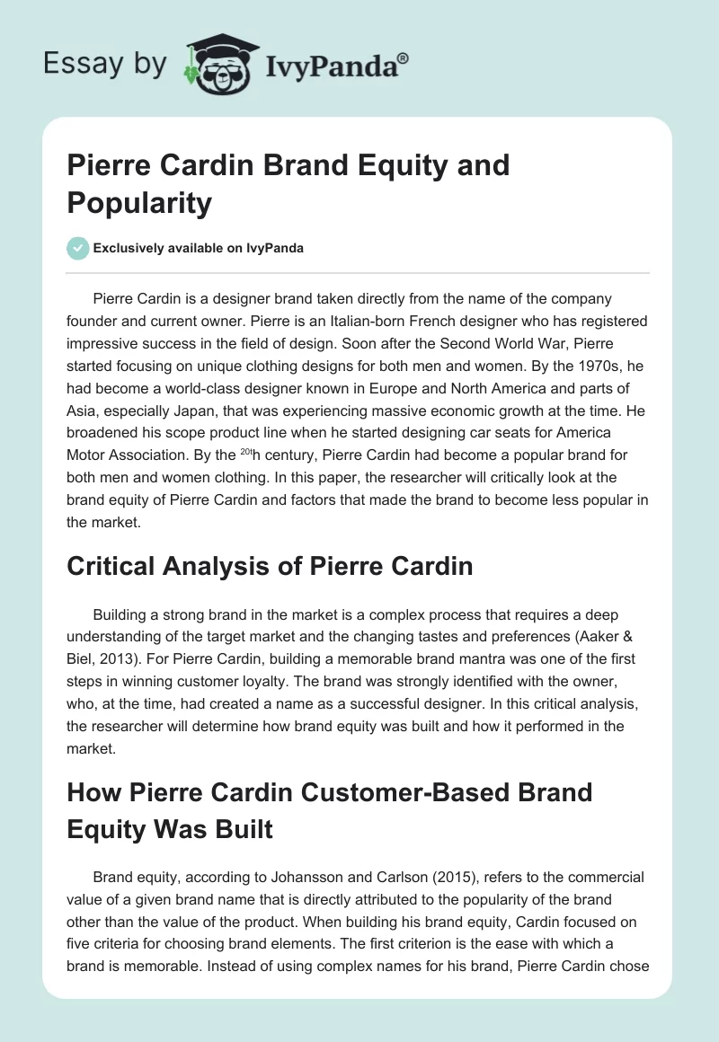 Pierre Cardin Brand Equity and Popularity. Page 1
