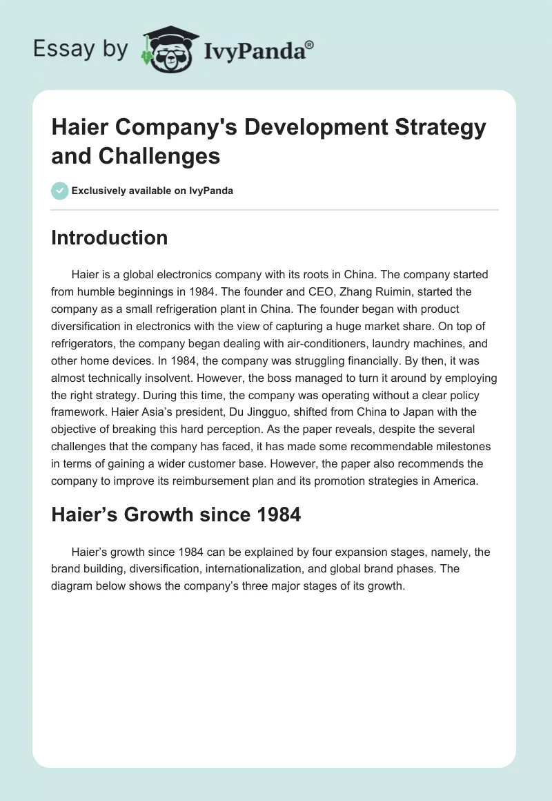 Haier Company's Development Strategy and Challenges. Page 1