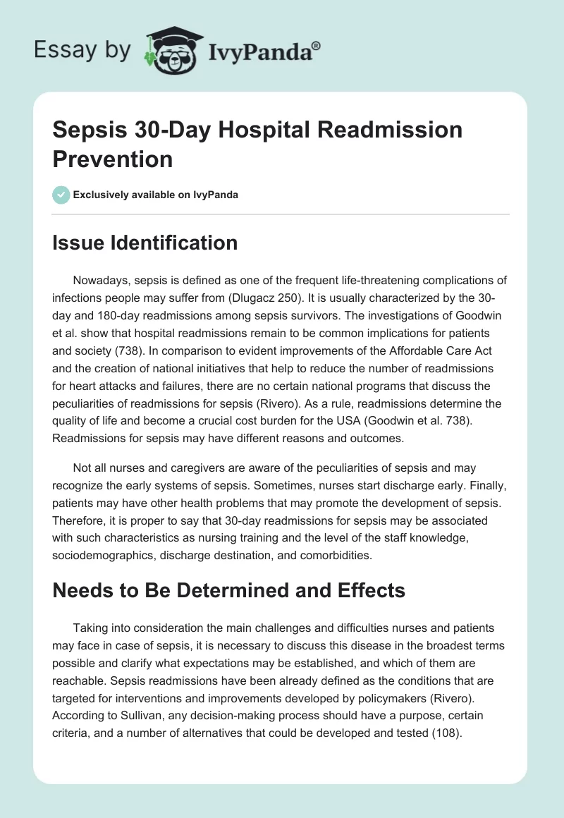 Sepsis 30-Day Hospital Readmission Prevention. Page 1