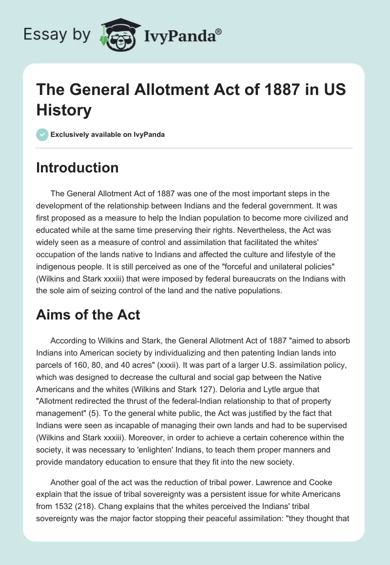 The General Allotment Act of 1887 in US History. Page 1
