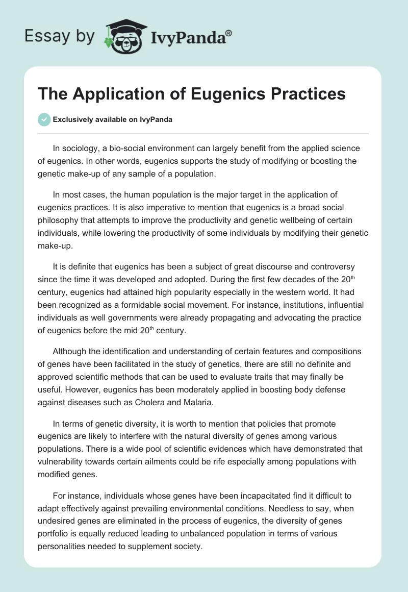 The Application of Eugenics Practices. Page 1