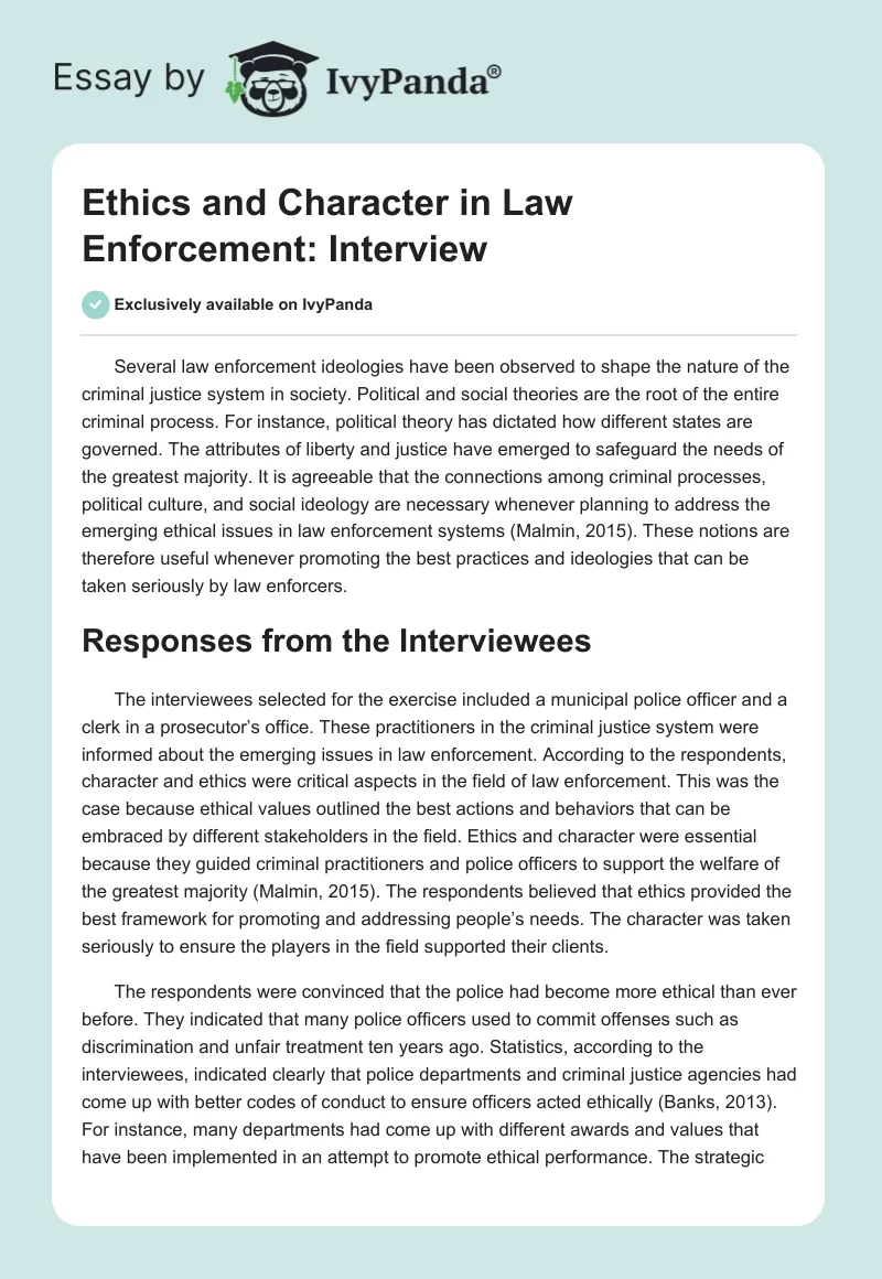 Ethics and Character in Law Enforcement: Interview. Page 1