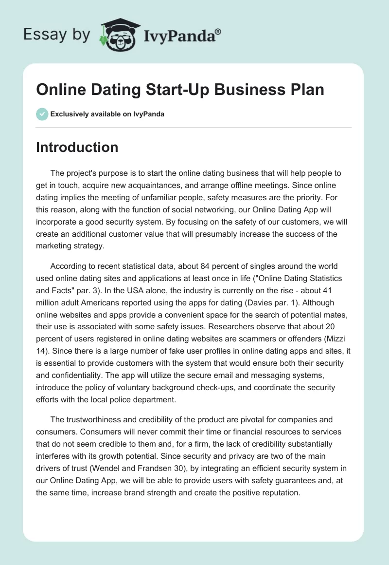 Online Dating Start-Up Business Plan. Page 1