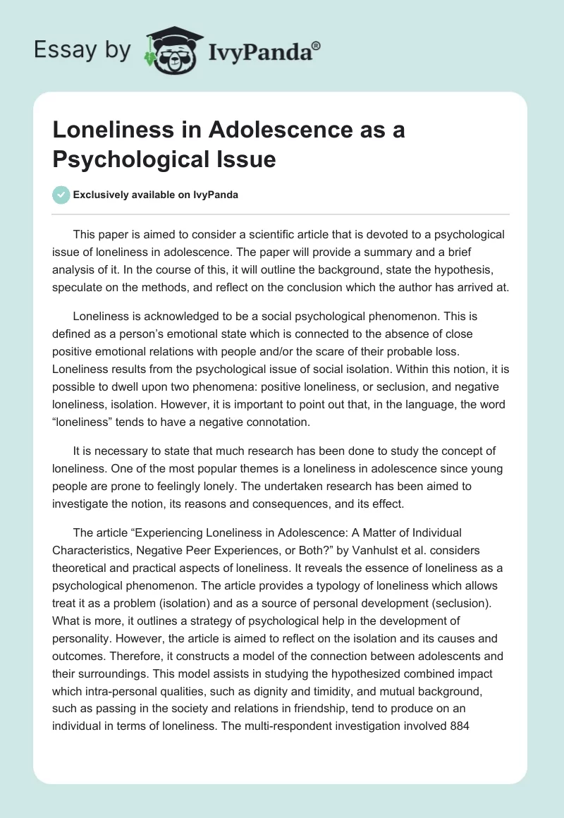 Loneliness in Adolescence as a Psychological Issue. Page 1