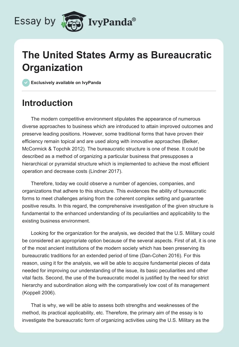 The United States Army as Bureaucratic Organization. Page 1