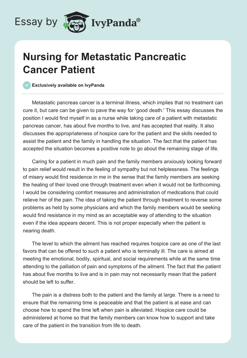 Nursing for Metastatic Pancreatic Cancer Patient. Page 1