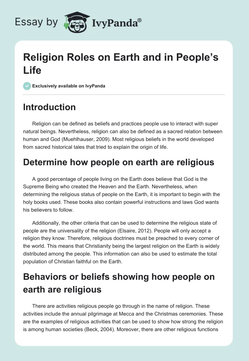 Religion Roles on Earth and in People’s Life. Page 1