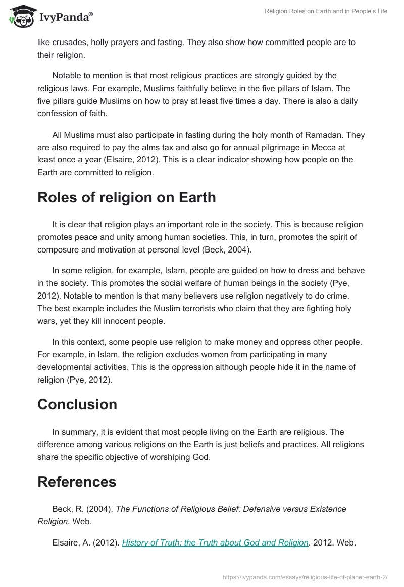 Religion Roles on Earth and in People’s Life. Page 2