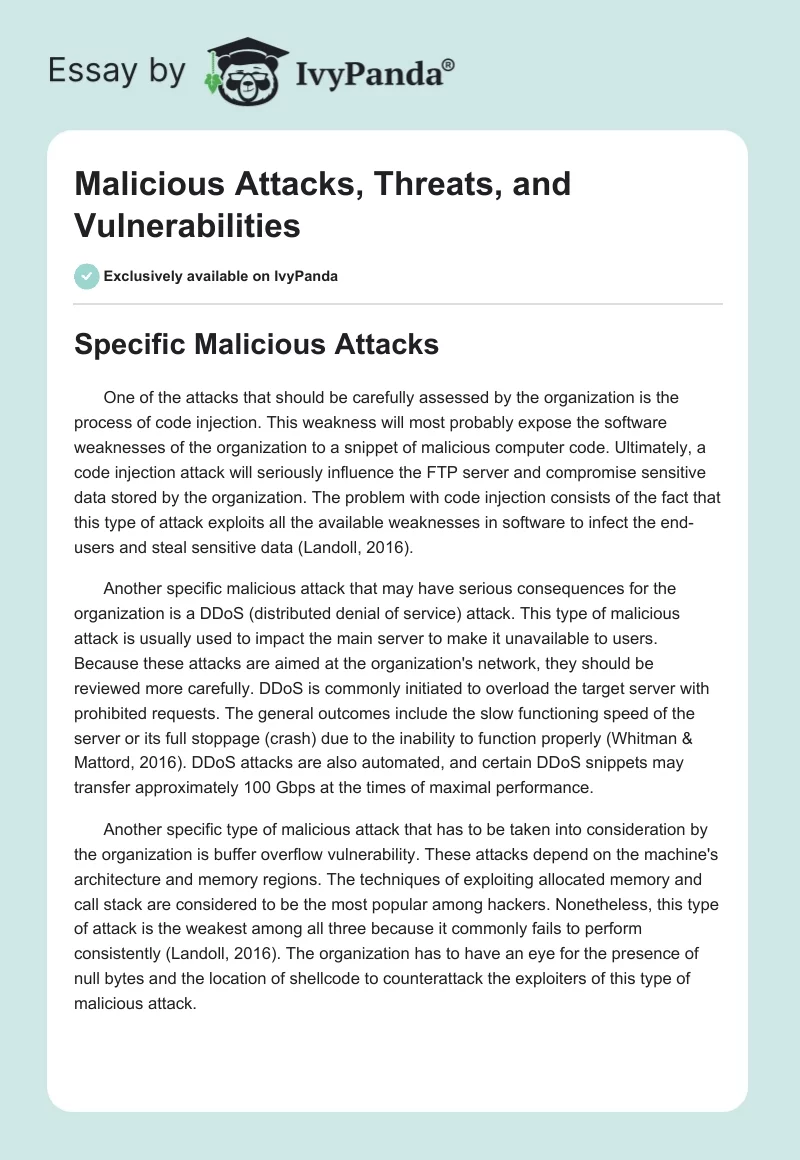 Malicious Attacks, Threats, and Vulnerabilities. Page 1