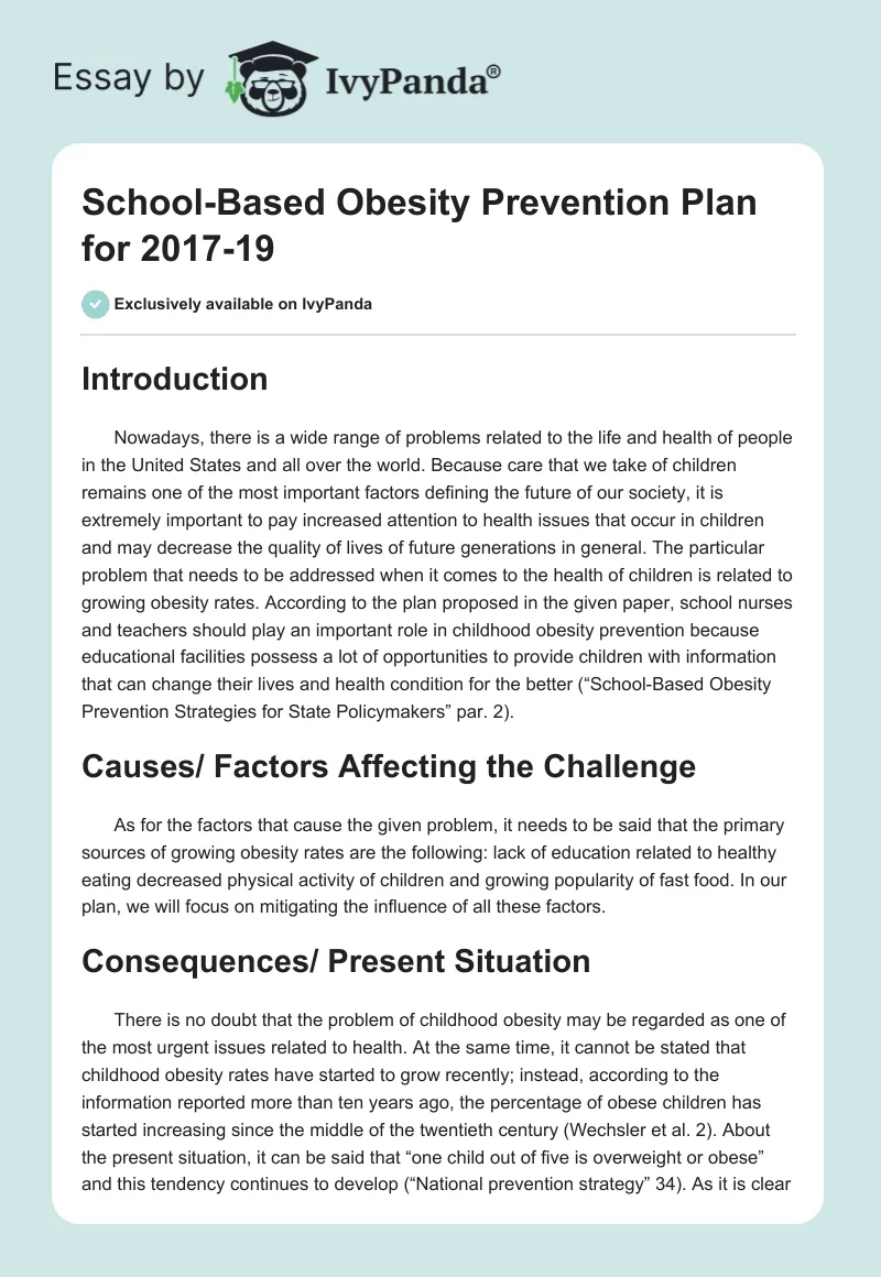 School-Based Obesity Prevention Plan for 2017-19. Page 1
