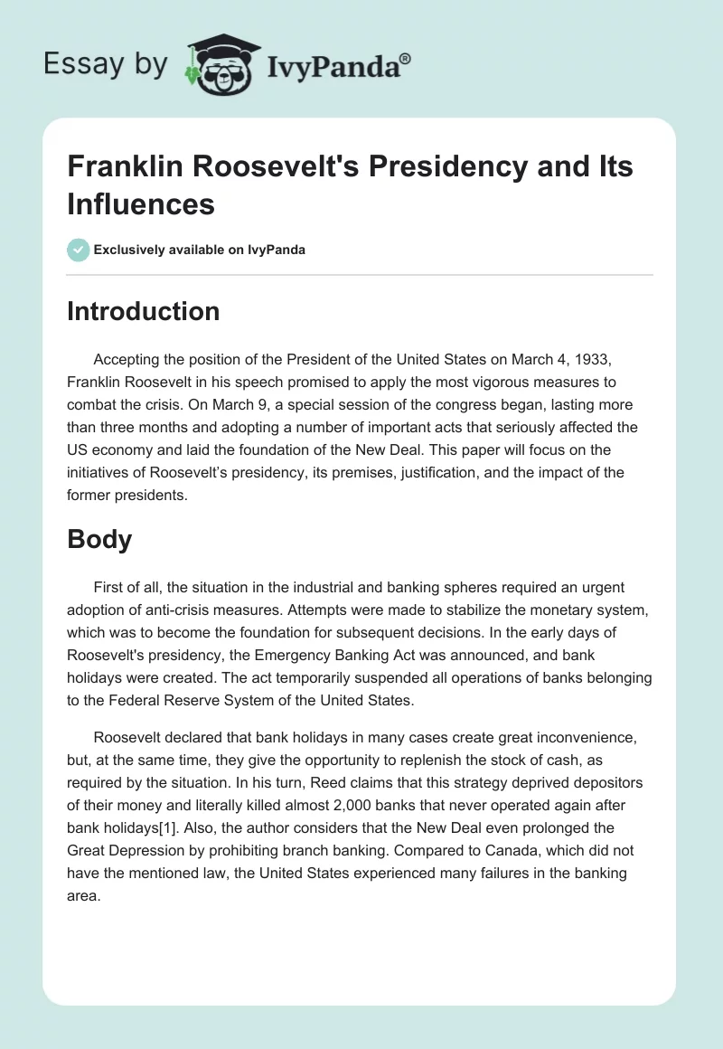 Franklin Roosevelt's Presidency and Its Influences. Page 1