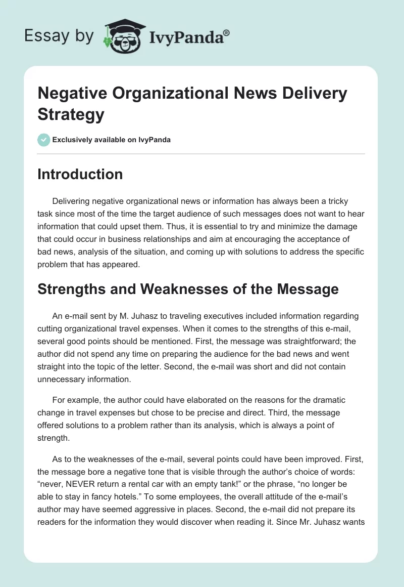 Negative Organizational News Delivery Strategy. Page 1