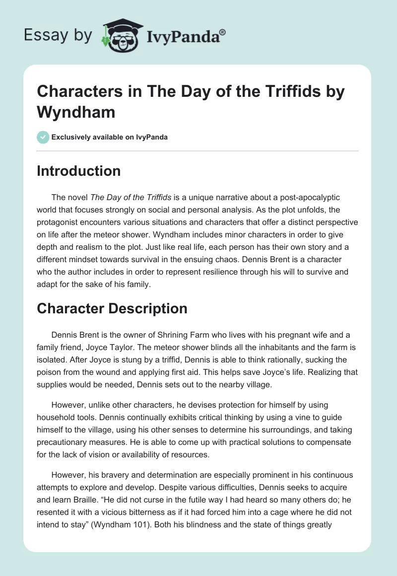 Characters in "The Day of the Triffids" by Wyndham. Page 1
