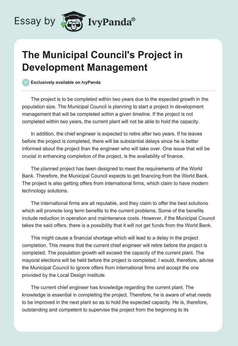 The Municipal Council's Project in Development Management. Page 1