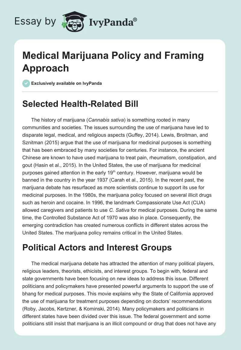 Medical Marijuana Policy and Framing Approach. Page 1