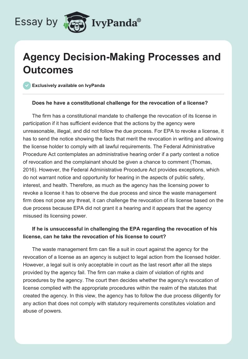 Agency Decision-Making Processes and Outcomes. Page 1