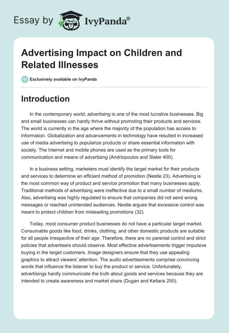 Advertising Impact on Children and Related Illnesses. Page 1