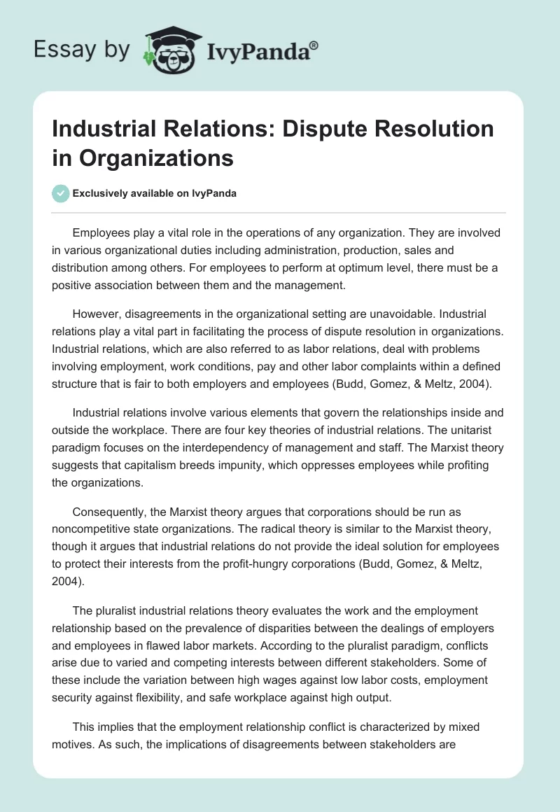Industrial Relations: Dispute Resolution in Organizations. Page 1