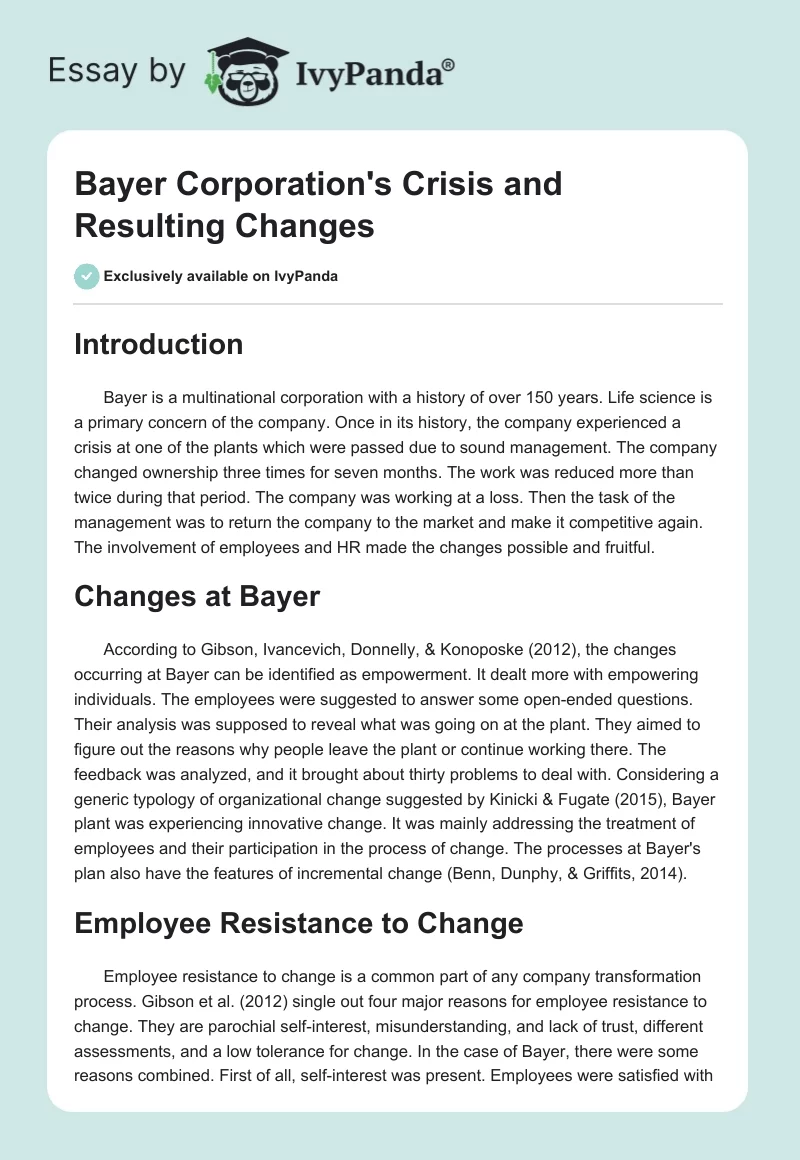 Bayer Corporation's Crisis and Resulting Changes. Page 1
