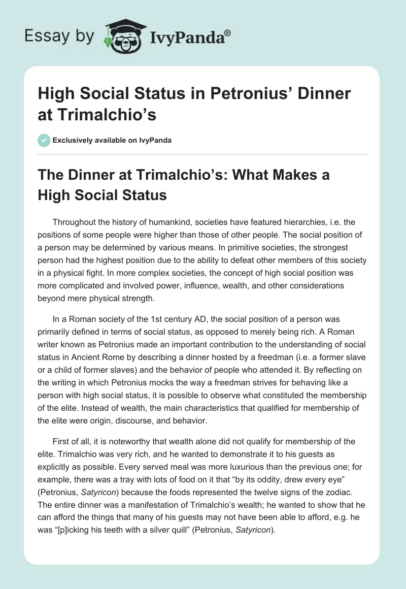 High Social Status in Petronius’ "Dinner at Trimalchio’s". Page 1