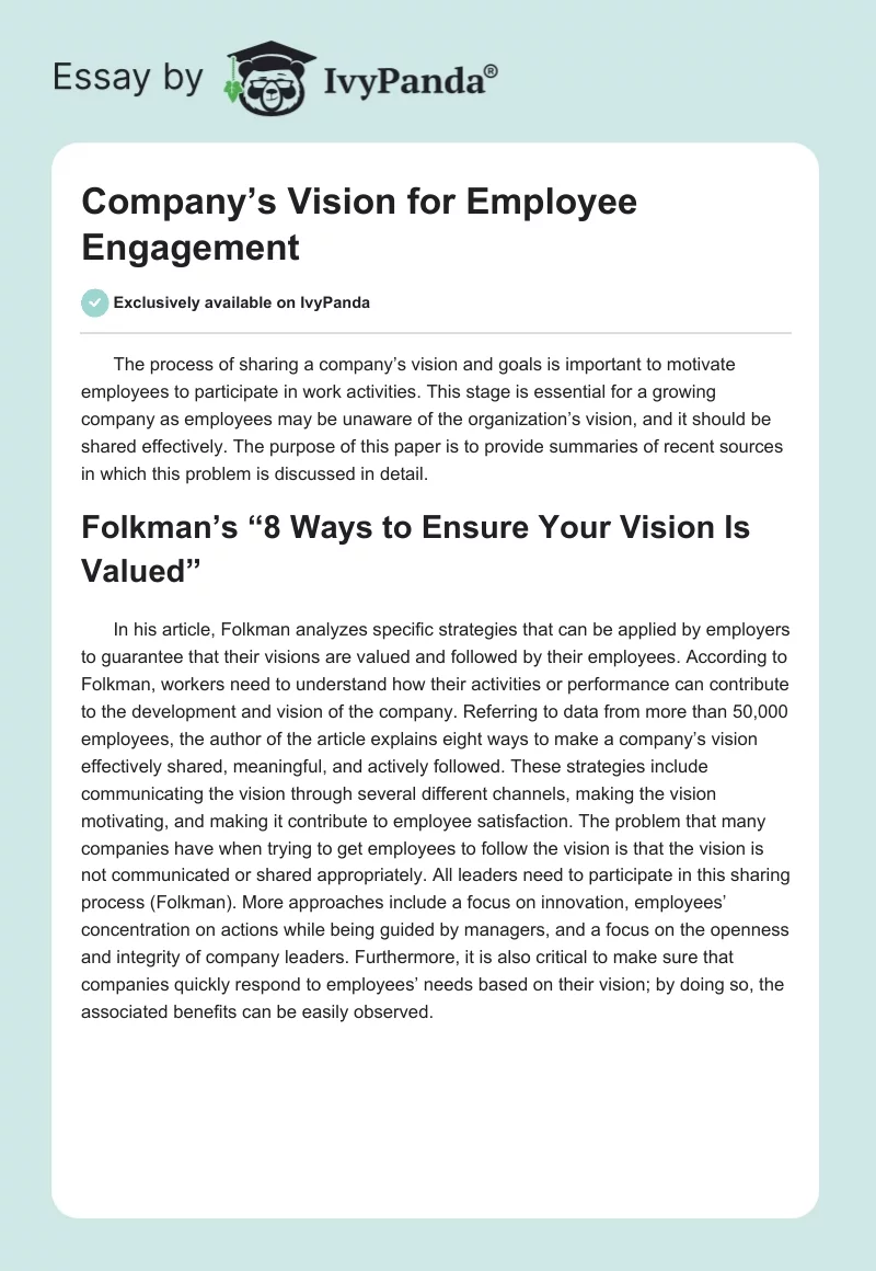 Company’s Vision for Employee Engagement. Page 1