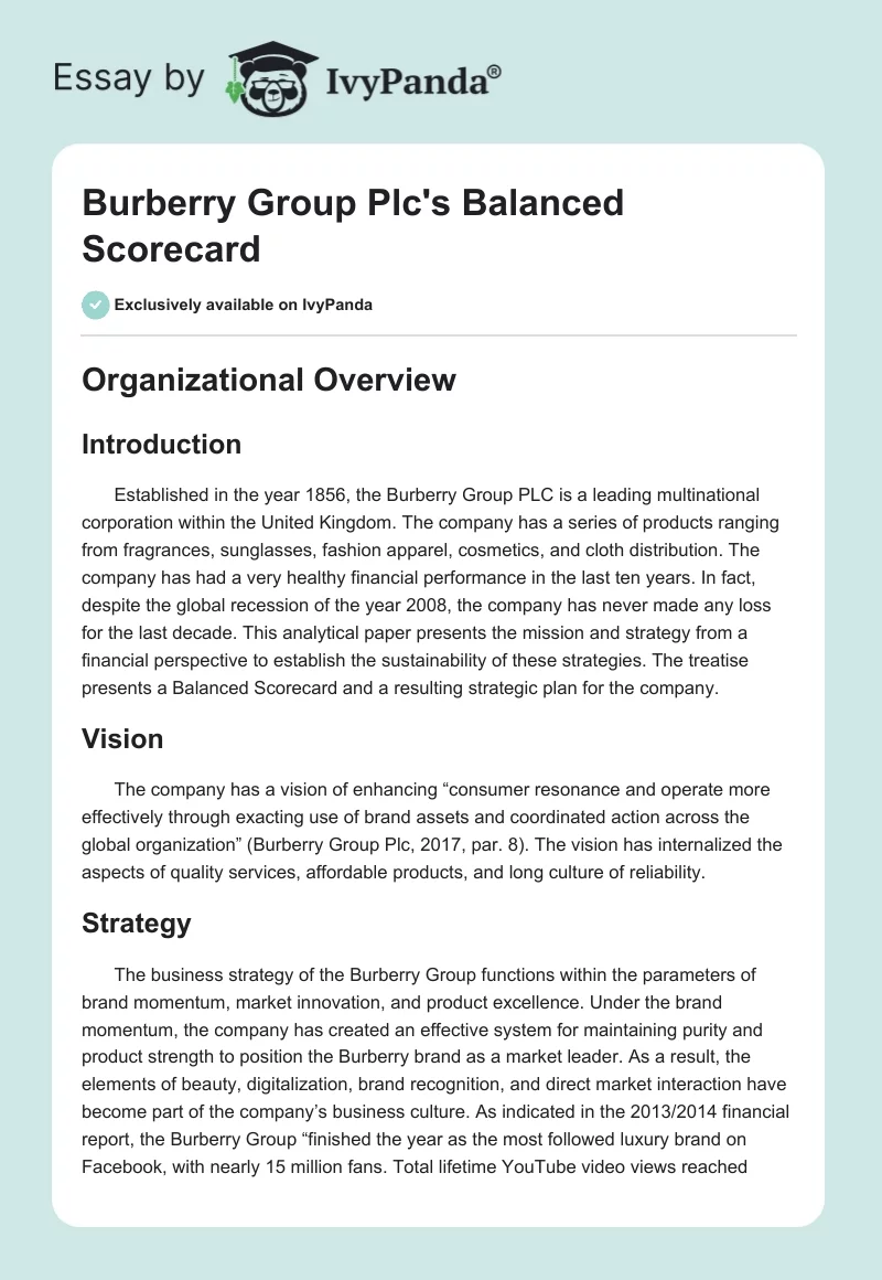 Burberry Group Plc's Balanced Scorecard. Page 1