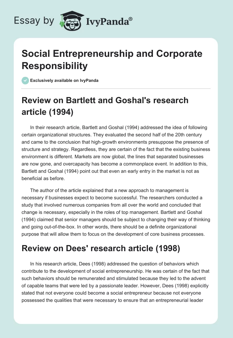 Social Entrepreneurship and Corporate Responsibility. Page 1