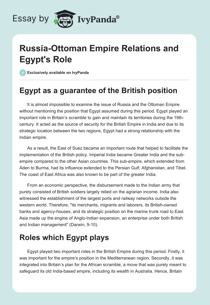 Russia-Ottoman Empire Relations and Egypt's Role. Page 1